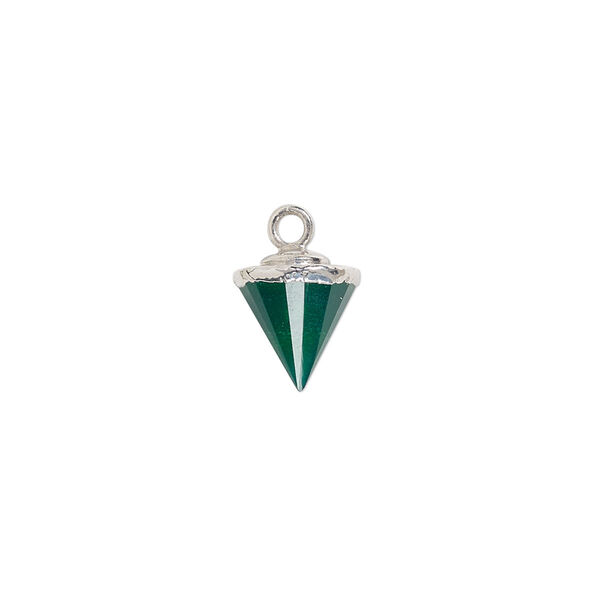 Drop, green onyx (dyed) / electroplated silver / silver-plated sterling silver, 9x8mm-11x8mm hand-cut faceted cone. Sold individually. image number 0