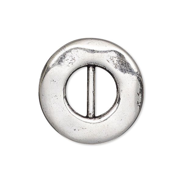 Slide, antiqued silver-finished "pewter" (zinc-based alloy), 26mm single-sided dented round, 11x5mm hole. Sold per pkg of 4. image number 0