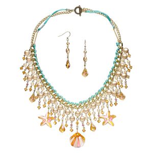 Necklace and earring set, One of a Kind Jewelry, gold-finished brass / crystal / satin cord, sunset and teal, 21-1/2 inch necklace. Only one available.