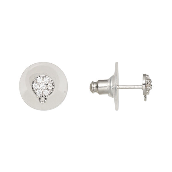 Earstud, cubic zirconia / silver-finished brass / plastic, clear, 5.5mm round with loop. Sold per pair. image number 0