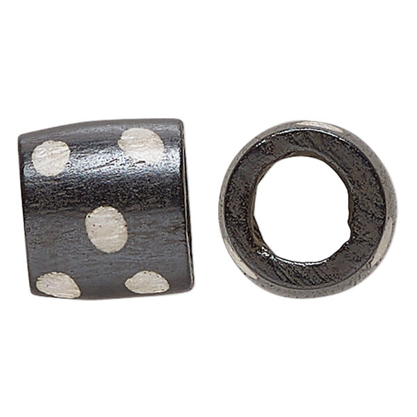 Bead, bone (dyed), black and white, 18x17mm-17x15mm hand-painted barrel with dot design. Sold per pkg of 4. image number 0