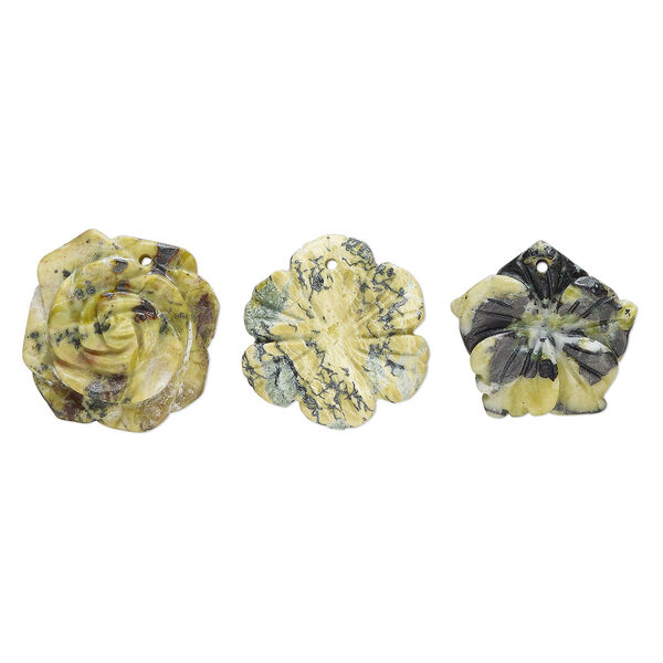 Yellow "turquoise" (serpentine with quartz) 1pkg3, carved flower drop natural mix 24x21mm-28x27mm image number 0