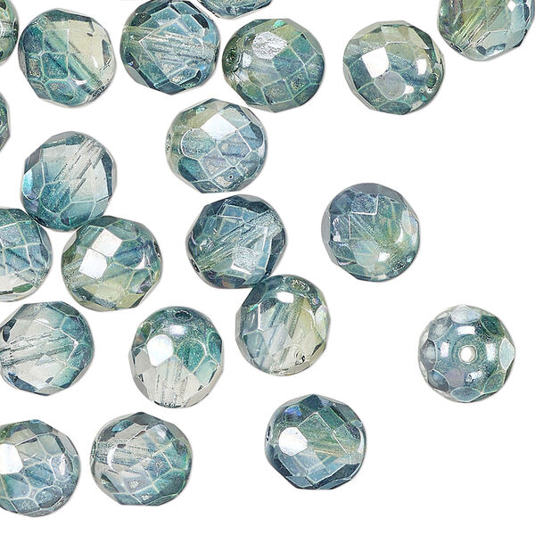 Czech fire-polished glass 1pkg50, faceted round bead translucent green/teal luster 8mm image number 0