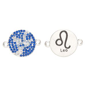 Link, "pewter" (zinc-based alloy)/enamel/cubic zirconia, pkg/1, antique silver finish and mixed colors, 20mm round 2-sided with "Leo" and  zodiac symbol.
