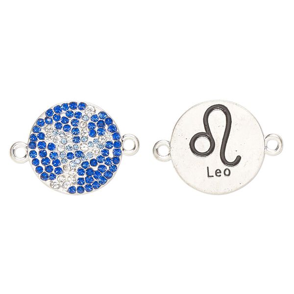 Link, "pewter" (zinc-based alloy)/enamel/cubic zirconia, pkg/1, antique silver finish and mixed colors, 20mm round 2-sided with "Leo" and  zodiac symbol. image number 0
