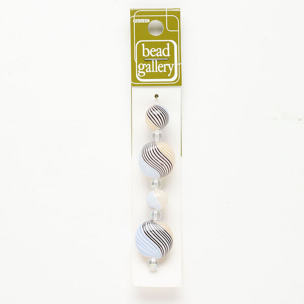 Bead 1pkg4 handblown glass, 11-13mm round / 19-20mm puffed flat oval / line design, assortment translucent multicolored image number 0