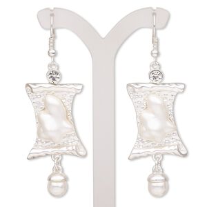 Earring, acrylic / glass rhinestone / silver-finished brass / "pewter" (zinc-based alloy), clear and white, 2-1/2 inches with scroll and fishhook ear wire. Sold per pair.