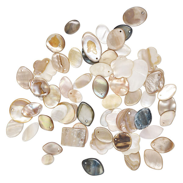 Focal and drop mix, mother-of-pearl shell (dyed), mixed colors, 10x9mm-26x15mm mixed shapes, Mohs hardness 3-1/2. Sold per 2-ounce pkg, approximately 50 pieces. image number 0