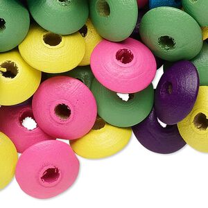Bead mix, wood, mixed colors, 14x6mm rondelle. Sold per 90-gram pkg, approximately 360 beads.