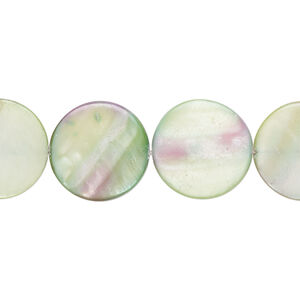 Mother-of-pearl shell 1pkg1, puffed flat round bead 15 inch shamrock 14-15mm