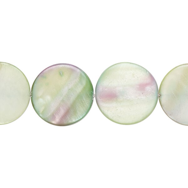 Mother-of-pearl shell 1pkg1, puffed flat round bead 15 inch shamrock 14-15mm image number 0
