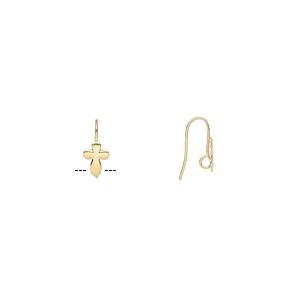 Ear wire fishhook 1pkg10 gold-plated, 16mm / 10x7mm cross / hidden open loop, 22 gauge brass 5 pair
