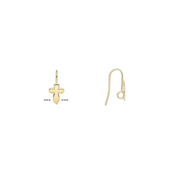 Ear wire fishhook 1pkg10 gold-plated, 16mm / 10x7mm cross / hidden open loop, 22 gauge brass 5 pair image number 0