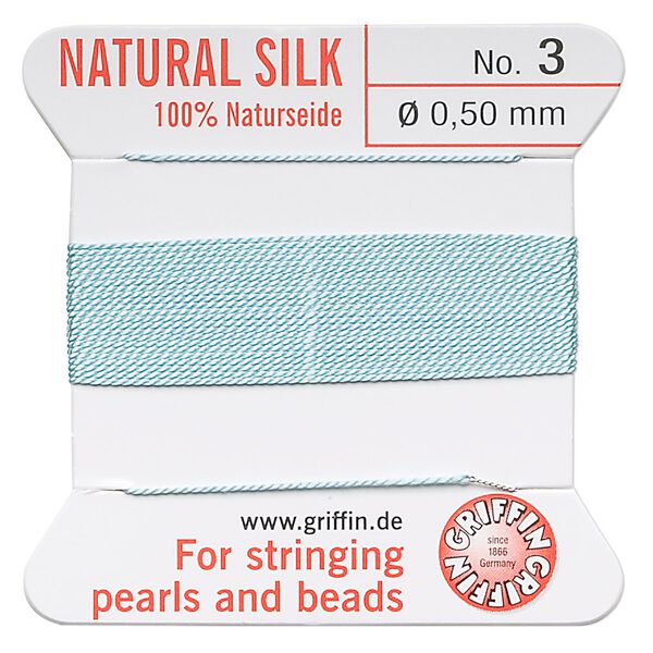 Thread, Griffin, silk, turquoise blue, size #3. Sold per 2-meter card (approximately 78 inches). image number 0