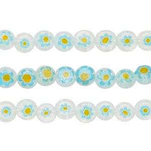 Bead mix, millefiori glass, blue, orange, white and clear, 6mm puffed flat round with flower design. Sold per pkg of (3) 14-inch strands.