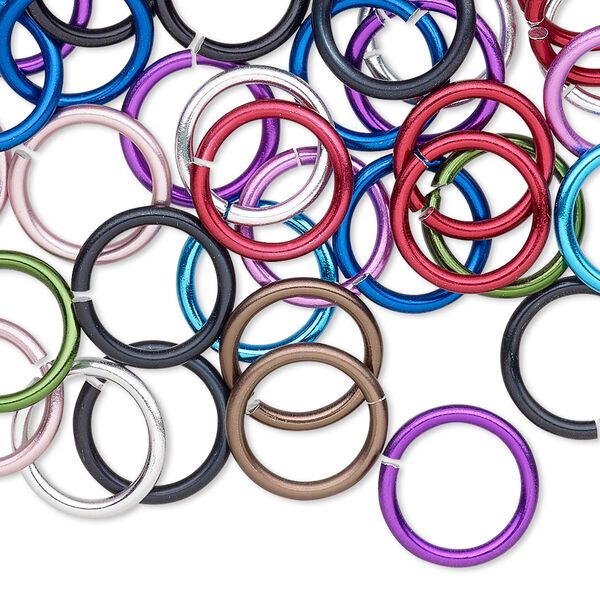 Jump ring mix, anodized aluminum, mixed colors, 12mm round, 9.2mm inside diameter, 14 gauge. Sold per pkg of 100. image number 0