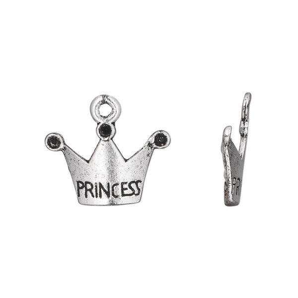 Charm, antique silver-plated "pewter" (zinc-based alloy), 18x13mm single-sided crown with engraved "Princess" and (3) PP18 chaton settings. Sold per pkg of 20. image number 0
