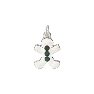 Charm, silver-finished "pewter" (zinc-based alloy) and glass, green, 15x12.5mm gingerbread cookie. Sold per pkg of 6.
