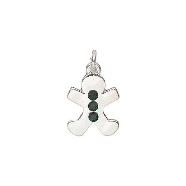 Charm, silver-finished "pewter" (zinc-based alloy) and glass, green, 15x12.5mm gingerbread cookie. Sold per pkg of 6. image number 0