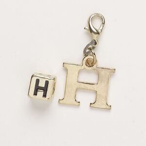 Bead and charm, brass-finished "pewter" (zinc-based alloy) / steel / enamel, black, 7mm cube with alphabet letter "H" and 16x13mm alphabet letter "H" with lobster claw clasp. Sold per pkg of 2.
