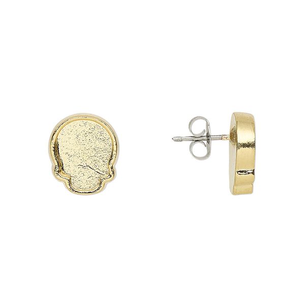 Earstud 1pkg2 Almost Instant Jewelry® "pewter" (zinc-based alloy) gold-plated, 12x10mm skull / 10x7.5mm flat back skull glue-in setting / earnuts, stainless steel 1 pair image number 0