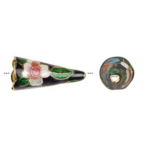 Cone, enamel and gold-finished copper, black and multicolored, 22x10mm with butterfly and flower, 8mm inside diameter. Sold per pkg of 4.