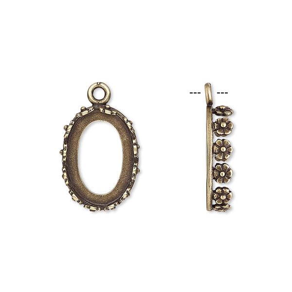 Drop, JBB Findings, antiqued brass, 16x12mm oval with open back and flower design trim, 14x10mm oval bezel setting. Sold per pkg of 2. image number 0