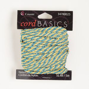 Cord, nylon, gold and teal, 4mm braided round. Sold per pkg of 5 meters.