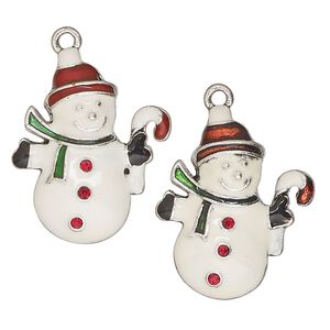Charm, antique silver-finished "pewter" (zinc-based alloy) / enamel / glass, white, red/green/black, 26x22mm snowman with candy cane. Sold per pkg of 2.