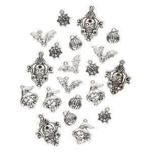 Charm, antique silver plate "pewter" (zinc-based alloy), 12x12mm-29x23mm assorted single-sided Halloween theme. Sold per pkg of 20.