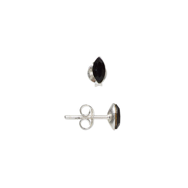 Ear stud, sterling silver and glass, jet, 6x3mm marquise. Sold per pair. image number 0