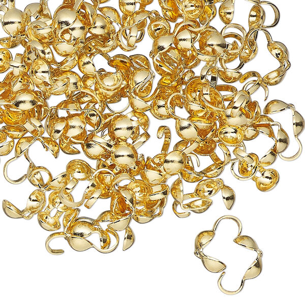 Bead tip, gold-finished brass, 8x4mm bottom clamp-on with open loop. Sold per pkg of 100. image number 0