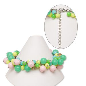 Bracelet, acrylic / glass / silver-finished steel / brass, multicolored, 24mm wide, 7-1/2 inches with 2-inch extender chain and lobster claw clasp. Sold individually.