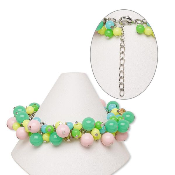Bracelet, acrylic / glass / silver-finished steel / brass, multicolored, 24mm wide, 7-1/2 inches with 2-inch extender chain and lobster claw clasp. Sold individually. image number 0