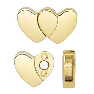 Clasp magnetic 1pkg1 "pewter" (zinc alloy), 28x17mm double heart / fits 11.5x3.5mm cord, gold-finished 1-strand