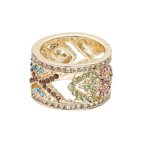 Ring, Egyptian glass rhinestone and gold-finished "pewter" (zinc-based alloy), multicolored, 15mm wide with heart design, size 9. Sold individually. image number 0