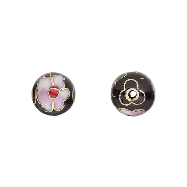 Bead, cloisonné, enamel and gold-finished copper, black and multicolored, 10mm round with flower design. Sold per pkg of 10. image number 0