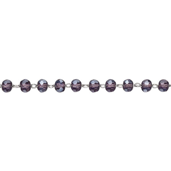 Chain, glass and stainless steel, amethyst purple, 3.5mm faceted rondelle. Sold per pkg of 1 yard. image number 0
