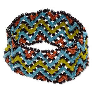 Bracelet, stretch, glass, multicolored, 26mm wide with seed bead, 6-1/2 inches. Sold individually.