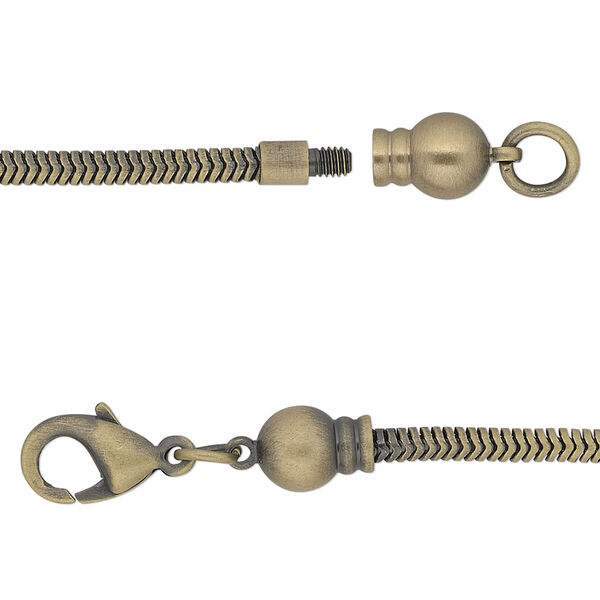 Dione® Easy-On Chain, antique gold-plated brass, 2.6mm snake, 8 inches with 3.3mm threaded ball end and lobster claw clasp. Sold individually. image number 0