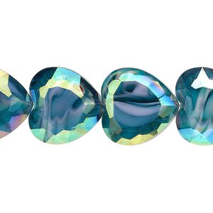 Bead, millefiori glass, marbled teal AB, 16x16mm faceted heart. Sold per 8-inch strand, approximately 10 beads.