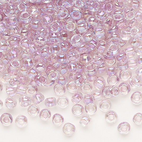 Seed bead, Dyna-Mites™, glass, transparent rainbow inside color lavender, #6 round. Sold per 40-gram pkg. image number 0