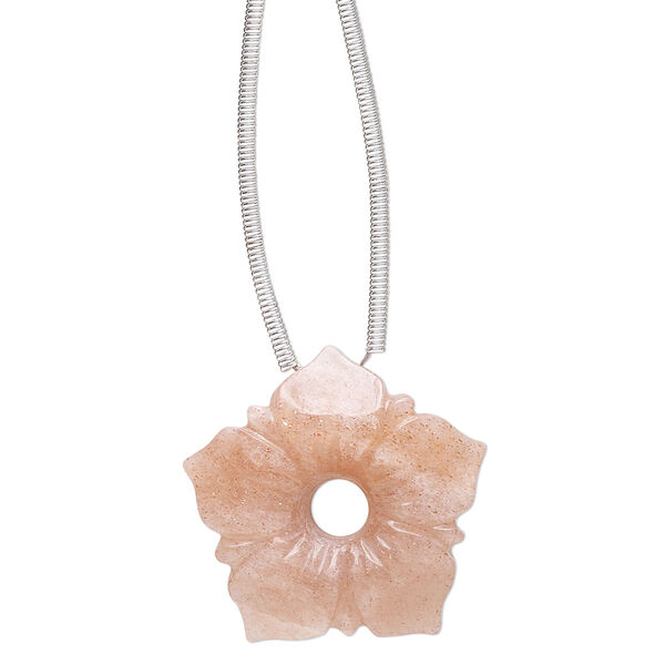 Peach moonstone 1pkg1, hand-cut top-drilled carved flower bead natural B grade, 20x20mm / 4mm center hole image number 0