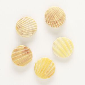 Bead, scallop shell (assembled) and resin, opaque yellow, 20mm textured flat round. Sold per pkg of 5.