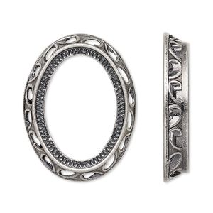 Component, antique silver-plated brass, 31x24mm oval with swirl design and 25x18mm oval setting. Sold per pkg of 4.