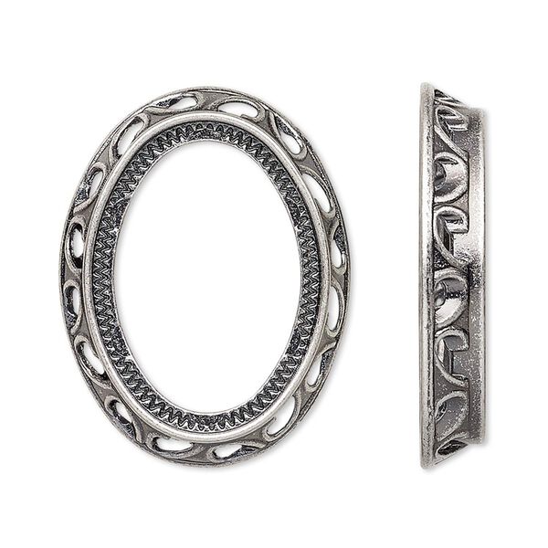 Component, antique silver-plated brass, 31x24mm oval with swirl design and 25x18mm oval setting. Sold per pkg of 4. image number 0