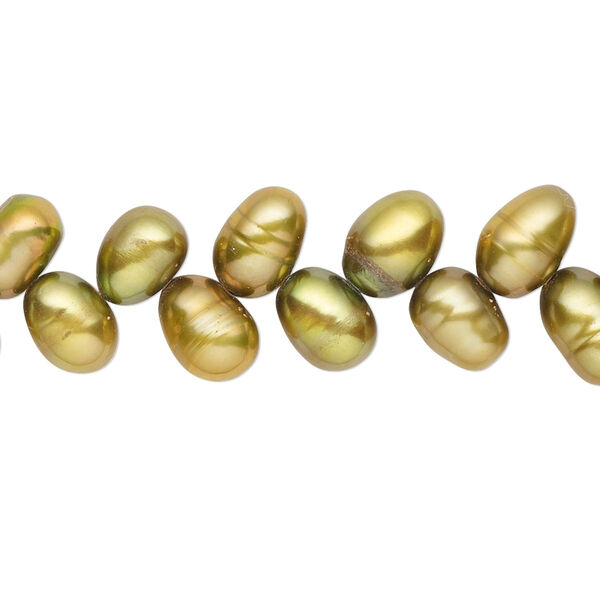 Pearl, cultured freshwater (dyed), golden olive, 8x6mm-11x7mm herringbone-drilled rice with 0.4-0.6mm hole, C- grade, Mohs hardness 2-1/2 to 4. Sold per 14-inch strand. image number 0