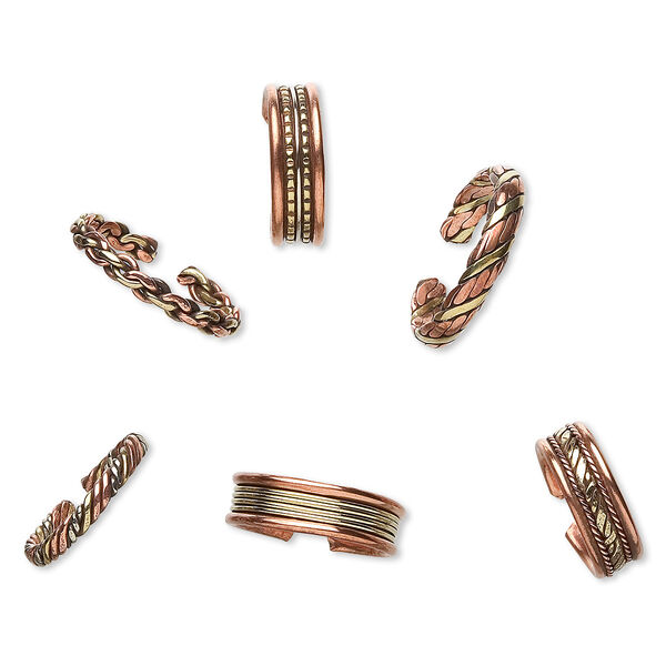 Ring mix, copper and brass, 4-7mm wide, adjustable from size 6 to 8. Sold per pkg of 6. image number 0