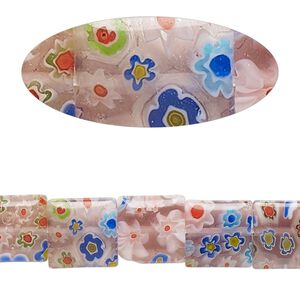 Bead, millefiori glass, translucent light pink and multicolored, 9mm-11x10mm puffed square. Sold per 14-inch strand.