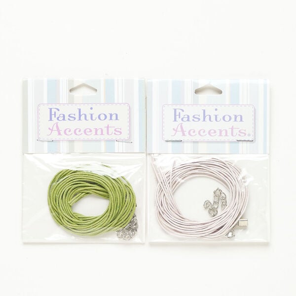 Cord and finding assortment 1pkg2, silver-finished steel and waxed cotton, green and lavender, 6mm round cord with lobster claw clasp, 18 inches. image number 0